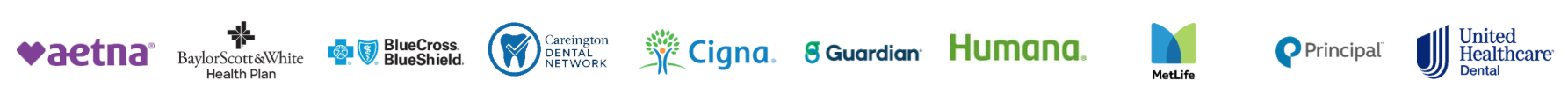 Horizontal banner displaying logos of major dental insurance providers, including Aetna, Baylor Scott & White Health Plan, BlueCross BlueShield, Careington, Cigna, Guardian, Humana, MetLife, Principal, and UnitedHealthcare Dental